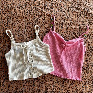 Forever 21 corset style lace up gauze summer tank top and pink pointelle beaded